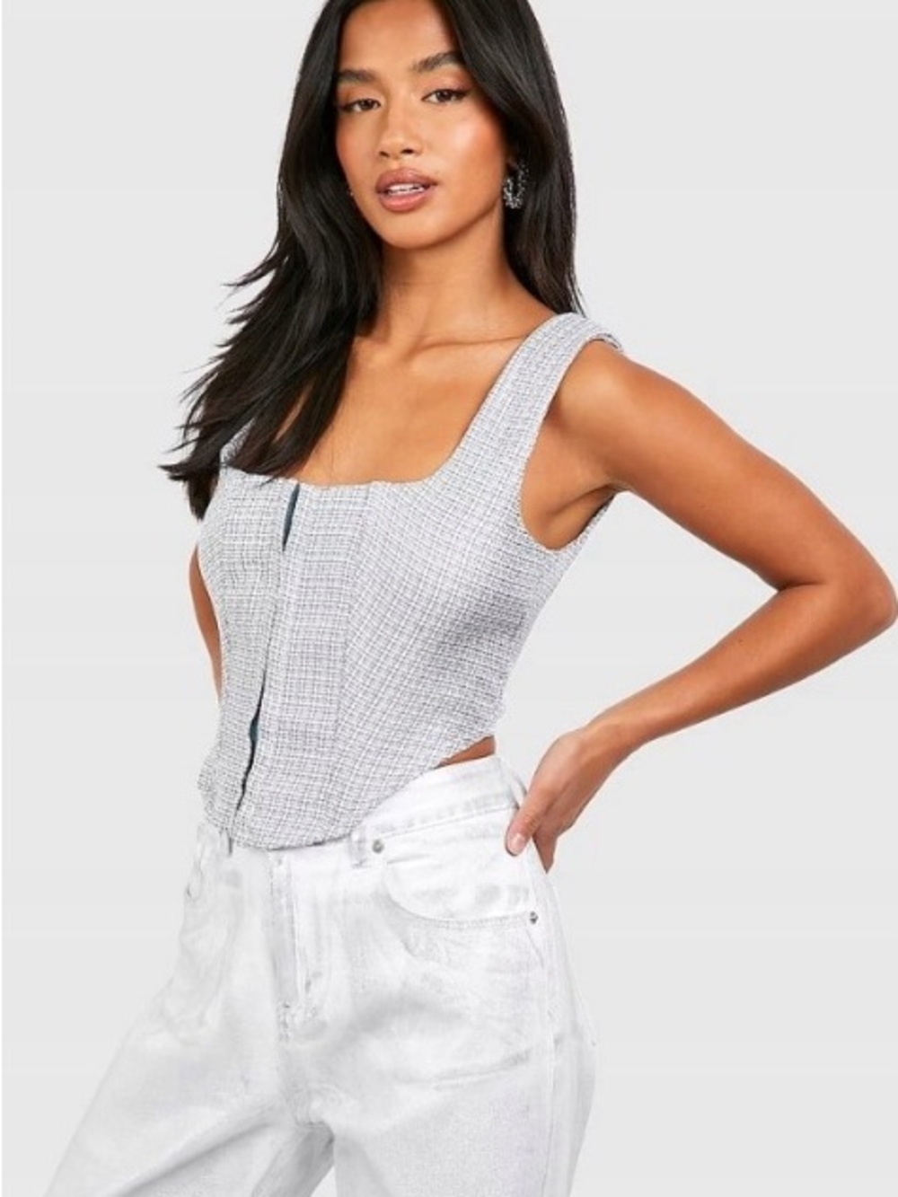 Wayf Light green purple Textured tweed Square-Neck Crop Top
